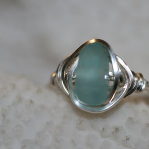 Aqua sea glass beach glass ring wire wrapped in sterling silver