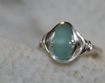 Aqua sea glass beach glass ring wire wrapped in sterling silver