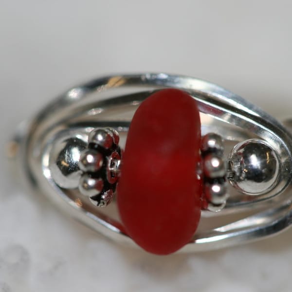 Genuine ruby red sea glass beach glass sterling silver wire wrapped ring  genuine surf tumbled glass original design nautical style ring