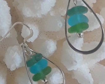 Genuine seaglass beach glass  and Sterling silver drop earrings in colors of aqua green