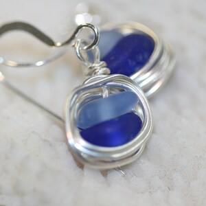 Cobalt and cornflower blue beach sea glass 925 sterling silver wire wrapped dangling earrings