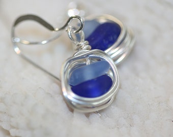 Cobalt and cornflower blue beach sea glass 925 sterling silver wire wrapped dangling earrings