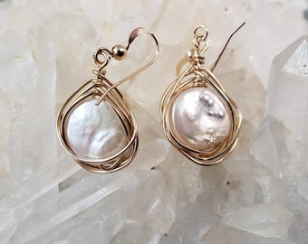 Freshwater natural white coin pearl wire wrapped  earrings in gold filled wire or sterling silver at your choice