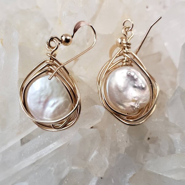 Freshwater natural white coin pearl wire wrapped  earrings in gold filled wire or sterling silver at your choice