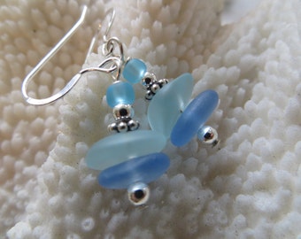 blue and aqua genuine beach sea glass 925 sterling silver dangling earrings