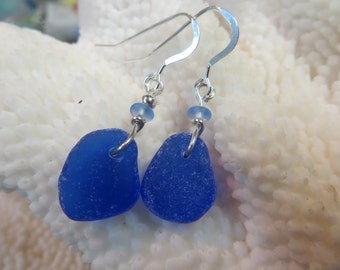 Genuine cobalt blue sea glass beach glass earrings sterling silver hand made earrings nautical jewelry surf tumbled