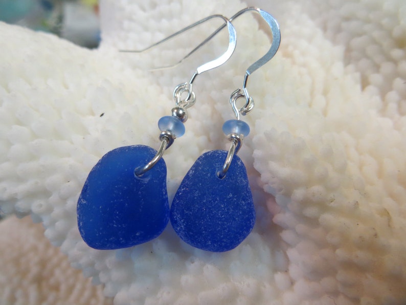 Genuine cobalt blue sea glass beach glass earrings sterling silver hand made earrings nautical jewelry surf tumbled image 1