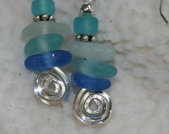 Sea spiral genuine aqua sea glass beach glass and sterling silver earrings