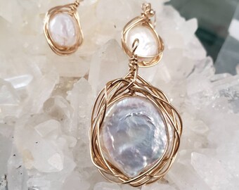 Freshwater natural white coin pearl wire wrapped pendant in gold filled wire or sterling silver at your choice