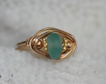 size from 5 to 11 AQUA  sea glass genuine beach glass ring wire wrapped in 14kt gold filled surf tumbled sea glass nautical ring