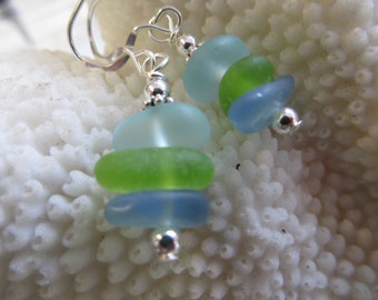 blue and aqua genuine beach sea glass 925 sterling silver dangling earrings