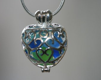 genuine beach sea glass filigree heart locket  pendant and silver chain chain