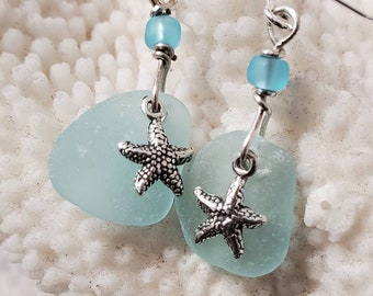 925s sterling silver starfish charm and genuine aqua seaglass beach glass for a casual every day wear.