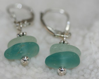 Aqua Blue and sea foam  genuine sea glass earrings and sterling silver lever back hooks