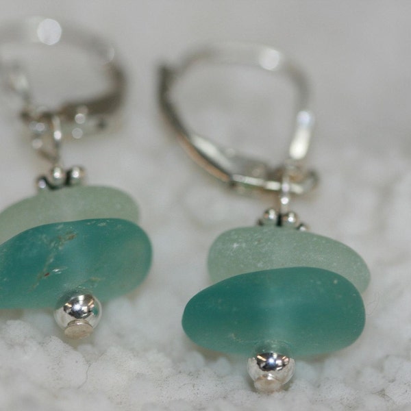 Aqua Blue and sea foam  genuine sea glass earrings and sterling silver lever back hooks