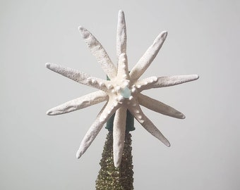 11" Natural white fingers and knobby starfish Christmas Tree topper  Beach tree topper sea star  nautical tree snowflakes sea foam seaglass
