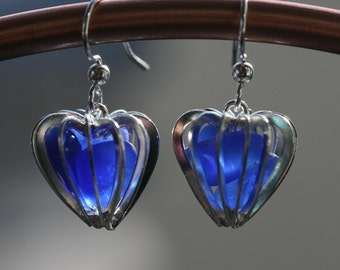 Cobalt blue sea glass beach glass hearts earrings and sterling silver hooks