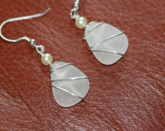 White  genuine sea glass earrings sterling silver wire wrapped
