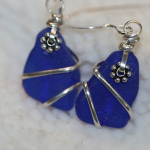 Wire Wrapped Cobalt blue sea glass beach glass earrings sterling silver image 2