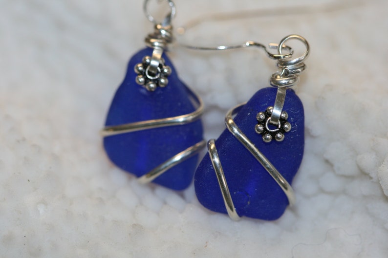 Wire Wrapped Cobalt blue sea glass beach glass earrings sterling silver image 2