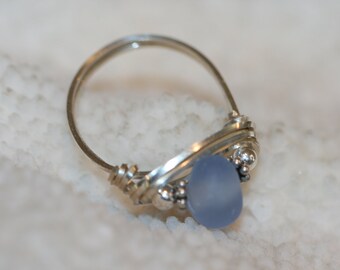 Genuine cornflower  blue sea glass beach glass ring wire wrapped in sterling silver or gold filled  ORIGINAL DESIGN perfect gift