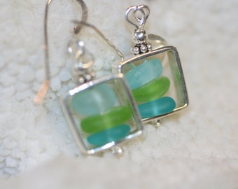 aqua turquoise genuine  lime green sea glass square sterling silver dangling earrings