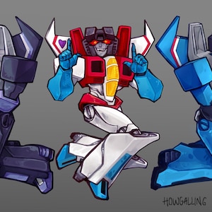 May include: Three cartoon robot characters in a kneeling pose. The robot on the left is black and purple, the robot in the middle is red, white, and blue, and the robot on the right is blue and black.