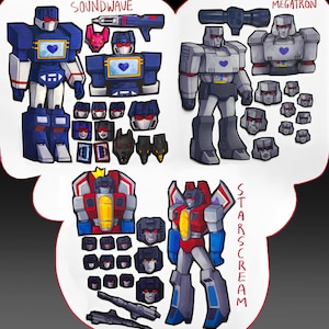 May include: Illustration of three Transformers characters: Soundwave, Megatron, and Starscream. Soundwave is blue with a heart-shaped emblem. Megatron is gray, and Starscream is red, blue, and yellow. Each character has multiple head variations.