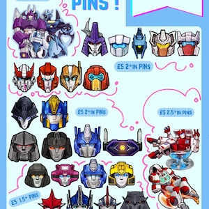 Könnte beinhalten: Eine Sammlung bunter Emaille-Anstecknadeln mit verschiedenen Roboter-Köpfen und Ganzkörperillustrationen. Die Anzeige enthält Textbeschriftungen wie HOWGALLING, PINS und Preise für 1,5, 2, 2,5 und 3-Zoll-Pins. Der untere Text besagt, dass die Designs auch als handgeschnittene Aufkleber erhältlich sind.