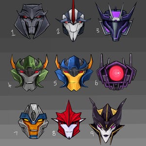 Pode incluir: Nove designs diferentes de cabeça de robô, cada um com um esquema de cores e características únicas. Os designs são numerados de 1 a 9. O texto "HOWGALLING" está no topo da imagem.