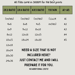 May include: A sizing guide for prints, detailing aspect ratios and sizes in inches, with equivalents. Sizes include 4x6, 6x8, 4x5, and 11x14 inches, plus A1-A5. Text reads "Premium Quality Designs" and "Soup Parade".