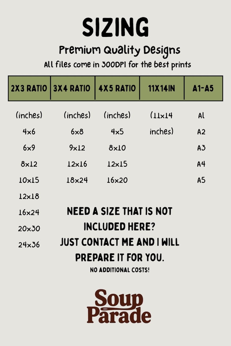 May include: A sizing guide for prints, detailing aspect ratios and sizes in inches, with equivalents. Sizes include 4x6, 6x8, 4x5, and 11x14 inches, plus A1-A5. Text reads "Premium Quality Designs" and "Soup Parade".