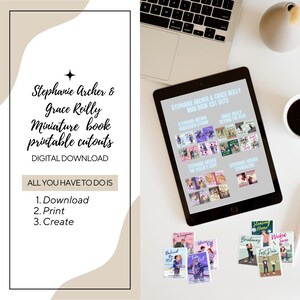 May include: A digital download for printable miniature book cutouts of Stephanie Archer and Grace Reilly novels. The image shows a laptop, a tablet displaying the book covers, and several miniature book cutouts on a white surface. The text on the image reads "Stephanie Archer & Grace Reilly Miniature book printable cutouts DIGITAL DOWNLOAD ALL YOU HAVE TO DO IS 1. Download 2. Print 3. Create"