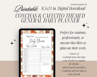 Planificador diario imprimible con temática digital de conchas y cafecito