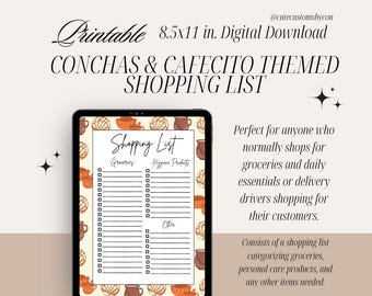 Lista de compras imprimible con temática digital de conchas y cafecito