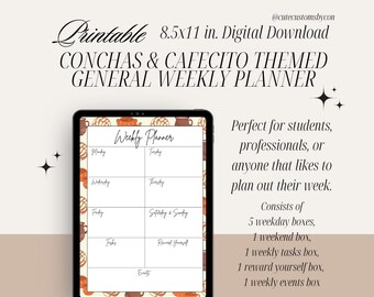 Planificador semanal imprimible con temática digital de conchas y cafecito