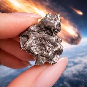 Könnte beinhalten: Ein silberfarbener Meteorit mit rauer, strukturierter Oberfläche, gehalten vor einem Hintergrund aus Weltraum und fallenden Meteoren. Der unregelmäßig geformte Stein wird zwischen Fingern gehalten, mit verschwommenem Weltraumhintergrund.