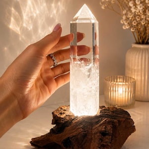 May include: A clear, hexagonal quartz crystal point with a faceted top, illuminated from below and mounted on a dark, textured piece of natural driftwood. The crystal displays internal fractures and inclusions, casting light patterns.