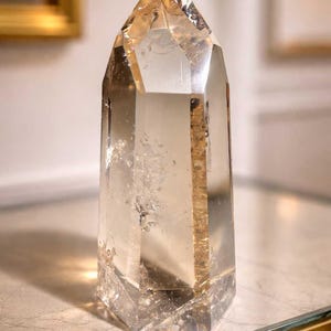 Könnte beinhalten: Ein großer, klarer Bergkristall-Punkt mit einer facettierten, geometrischen Form. Der Kristall hat einen hellbraunen Farbton und wird auf einer Marmoroberfläche ausgestellt. Die Spitze des Kristalls ist dunkler braun.