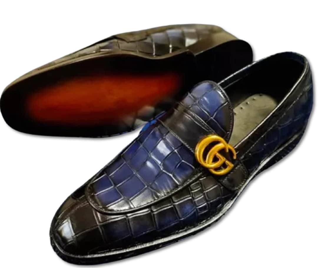 Cow Leather Crocodile Pattern Men Blue Shoes