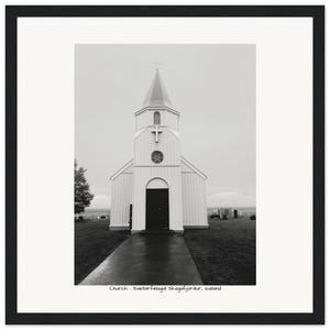 L'Islanda mi porta in chiesa n. 2 - Quadro da parete in carta pregiata, pronto da appendere, 12 x 12 pollici, cornice in legno nero