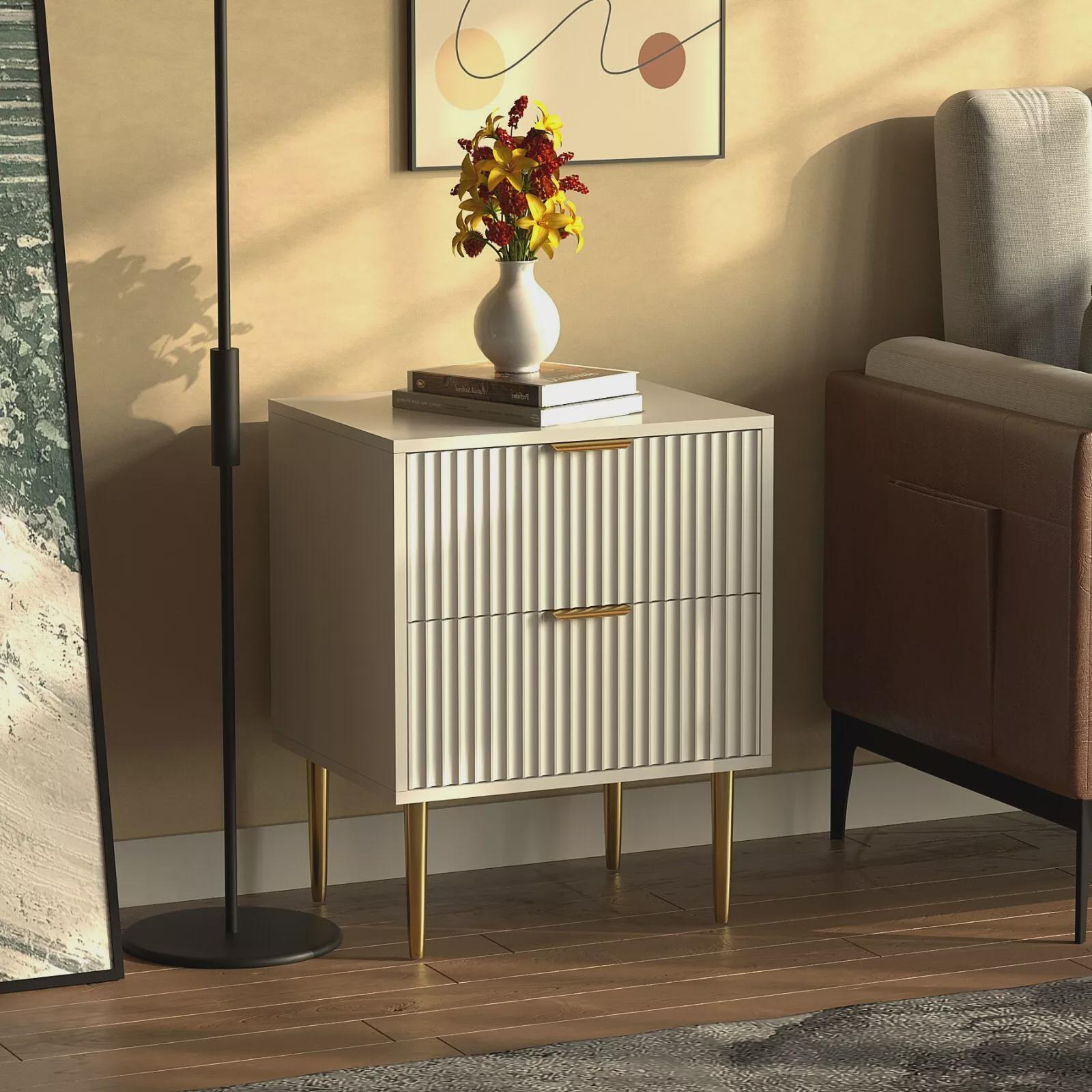 White Wooden 2 Drawer Chic Fluted Bedside End Sofa Table Nightstand Room Home