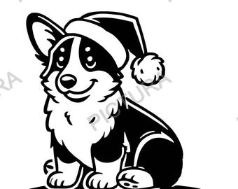 Puede incluir: Una ilustración de dibujos animados en blanco y negro de un corgi con un gorro de Papá Noel rojo y blanco. El corgi está sentado con las piernas cruzadas y tiene una expresión feliz en su rostro.