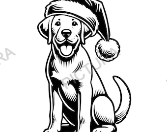 Puede incluir: Ilustración en blanco y negro de un labrador retriever con un gorro de Papá Noel. El perro está sentado con la lengua fuera.