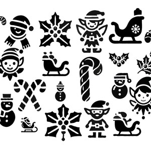 May include: Black and white illustrations of various Christmas and winter holiday themed icons, including elves, candy canes, snowmen, holly, and a sleigh.