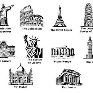 Marcos Mundiais SVG Monumentos Famosos SVG Pacote de Viagens SVG Edifícios Icônicos SVG para Cricut