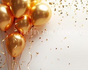 Gold Balloons Party Backdrop for Meeting, Golden Confetti Celebration, Birthday Virtual Digital Image, GoogleMeets Zoom Streaming Background