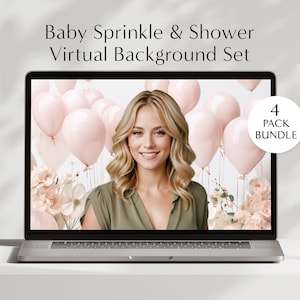 May include: A laptop screen displaying a virtual background for a baby sprinkle or shower. The background features pink balloons, white flowers, and a white backdrop. The text "4 PACK BUNDLE" is visible in the upper right corner of the screen.