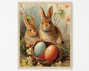 Bunny Printable Vintage Landscape Painting | Wall Art | Easter Digital Download Wall Decor | Downloadable Digital Art | Spring Art Print
