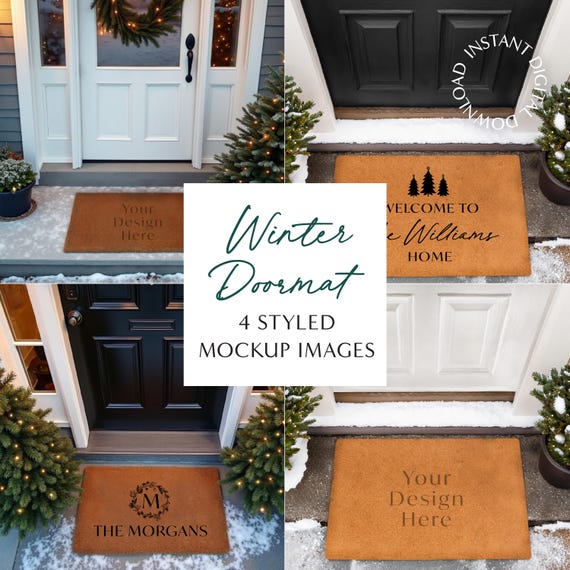 Winter Doormat Mockup Bundle, Pack of 4 Digital Images, Instant Download, Holiday Background, Blank Door Mat Product Mock ups, Christmas